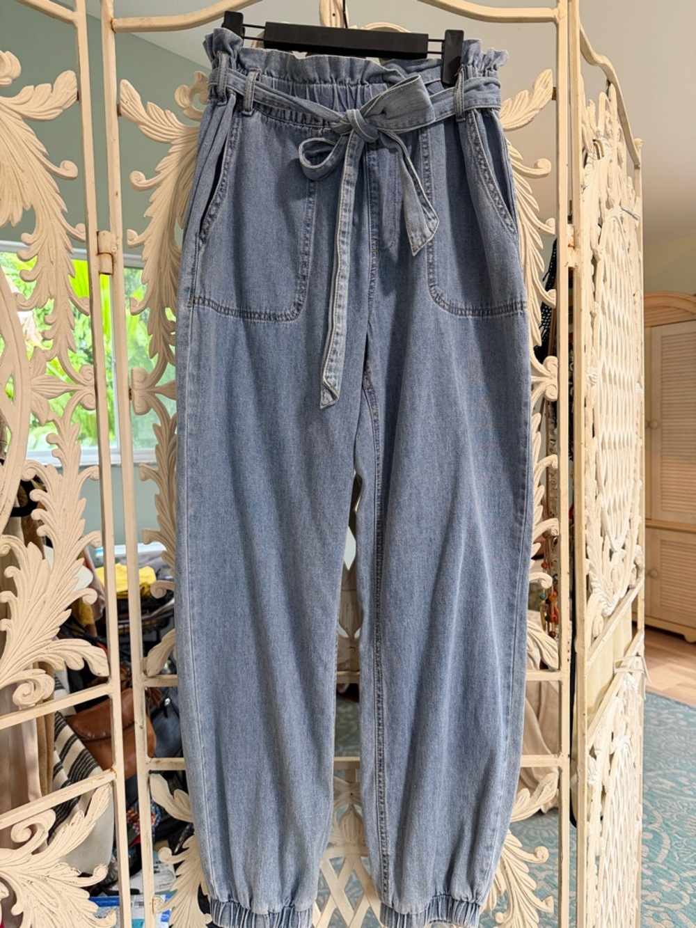 Blue Rain| Francesca| Light Blue Boyfriend Paperbag Joggers  with Tie Belt